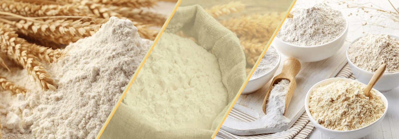 Мука пшеничная — крупный план, мешок и образцы разного помола